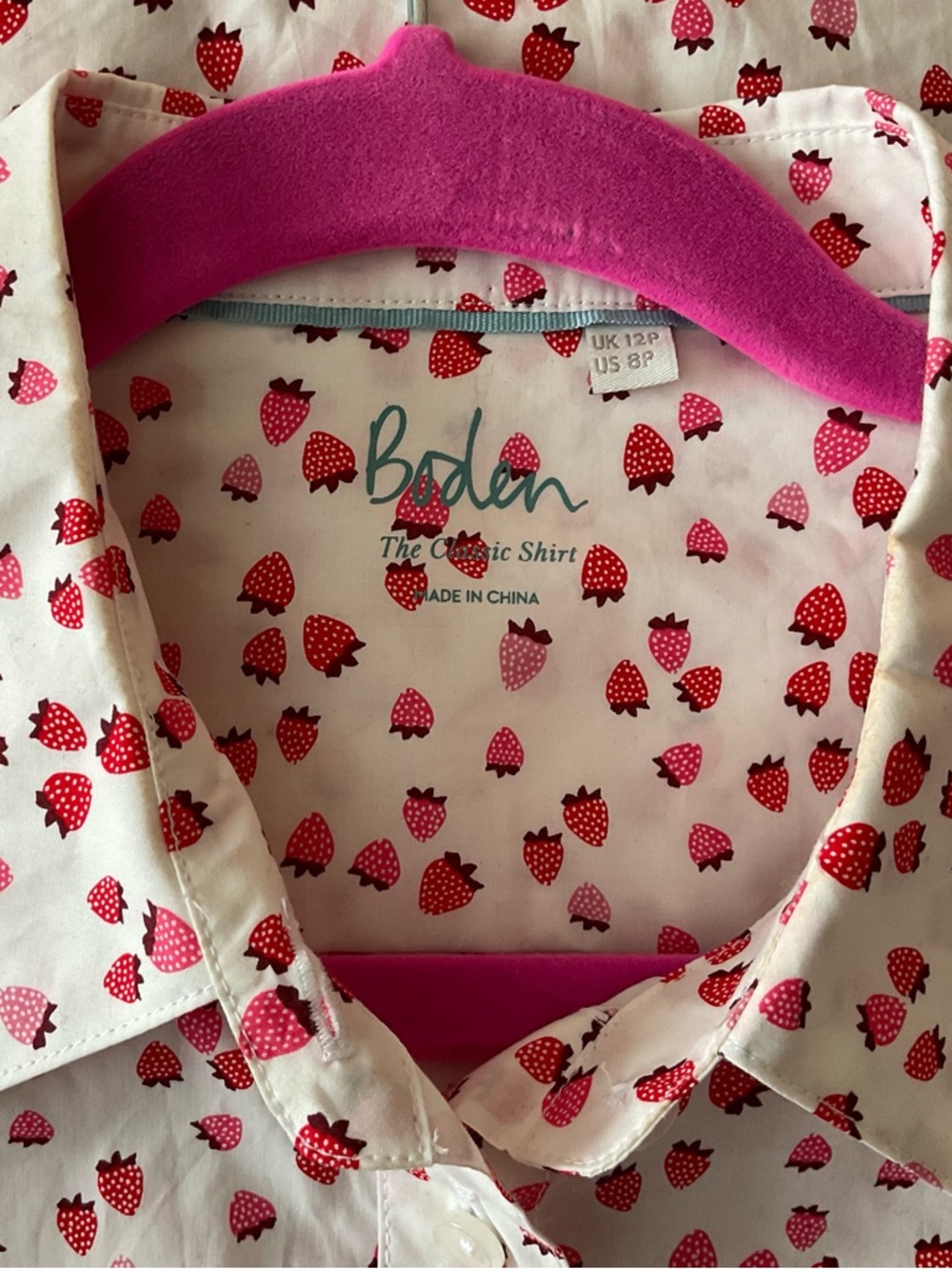 Boden White Blouse with Pink and Red Strawberry Print - Picture 2 of 3
